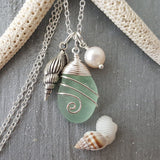 Handmade in Hawaii, Wire wrapped Genuine surf tumbled natural sea glass , Seashell charm, Freshwater pearl, Sea glass jewelry For Women