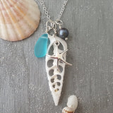 Hawaii Center Sliced Natural Terebra Turritella Shell Necklace with Blue Sea Glass, Starfish Charm, Natural Purple Pearl, FREE Gift Wrap