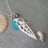 Hawaii Center Sliced Natural Terebra Turritella Shell Necklace with Blue Sea Glass, Starfish Charm, Natural Purple Pearl, FREE Gift Wrap
