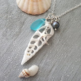 Hawaii Center Sliced Natural Terebra Turritella Shell Necklace with Blue Sea Glass, Starfish Charm, Natural Purple Pearl, FREE Gift Wrap