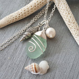 Handmade in Hawaii, Wire wrapped Genuine surf tumbled natural sea glass , Seashell charm, Freshwater pearl, Sea glass jewelry For Women