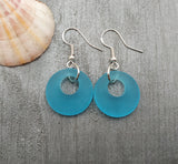 Hawaiian Jewelry Sea Glass Earrings, Circle Minimalist Jewelry Turquoise Blue Earrings, Beach Sea Glass Birthday Gift (December Birthstone)