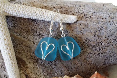 Made in Hawaii, Wire wrapped heart blue sea glass earrings, gift box.beach jewelry