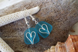 Made in Hawaii, Wire wrapped heart blue sea glass earrings, gift box.beach jewelry
