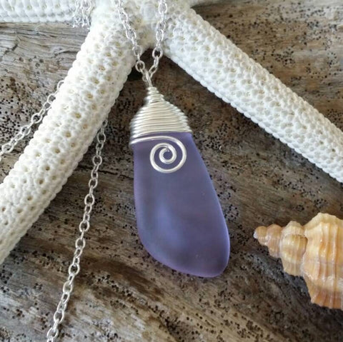 Hawaiian Jewelry Sea Glass Necklace, Wire "Magical Color Changing" Purple Necklace, Beach Jewelry Birthday Gift(February Birthstone Jewelry)