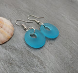 Hawaiian Jewelry Sea Glass Earrings, Circle Minimalist Jewelry Turquoise Blue Earrings, Beach Sea Glass Birthday Gift (December Birthstone)