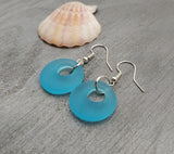 Hawaiian Jewelry Sea Glass Earrings, Circle Minimalist Jewelry Turquoise Blue Earrings, Beach Sea Glass Birthday Gift (December Birthstone)