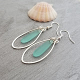 Hawaiian Jewelry Sea Glass Earrings, Wire Loop Aquamarine Earrings Beach Jewelry Sea Glass Jewelry Unique Earrings(March Birthstone Jewelry)
