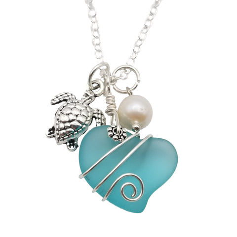 Hawaiian Sea Glass Necklace, Wire Heart Necklace Aquamarine Necklace, Turtle Necklace Pearl Necklace, Unique Beach Jewelry(March Birthstone)