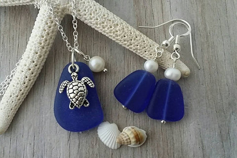 Hawaiian Jewelry Sea Glass Set, Cobalt Blue Necklace Earrings Jewelry Set For Women Turtle Necklace, Sea Glass Jewelry(September Birthstone)