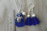 Hawaiian Jewelry Sea Glass Set, Cobalt Blue Necklace Earrings Jewelry Set For Women Turtle Necklace, Sea Glass Jewelry(September Birthstone)