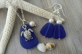 Hawaiian Jewelry Sea Glass Set, Cobalt Blue Necklace Earrings Jewelry Set For Women Turtle Necklace, Sea Glass Jewelry(September Birthstone)