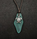 Hawaiian Jewelry Sea Glass Necklace, Aquamarine Necklace Leather Cord Necklace Turtle Necklace, Sea Glass Jewelry (March Birthstone Jewelry)