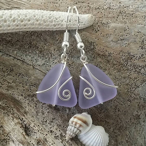 Hawaiian Jewelry Sea Glass Earrings, Wire Purple Earrings, Sea Glass Jewelry Beach Jewelry Fun Birthday Gift (February Birthstone Jewelry)