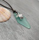 Hawaiian Jewelry Sea Glass Necklace, Aquamarine Necklace Leather Cord Necklace Turtle Necklace, Sea Glass Jewelry (March Birthstone Jewelry)