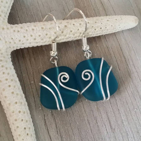 Hawaiian Jewelry Sea Glass Earrings, Wire Wrapped Teal Earrings, Beach Jewelry For Women, Unique Earrings Ocean Sea Glass Jewelry