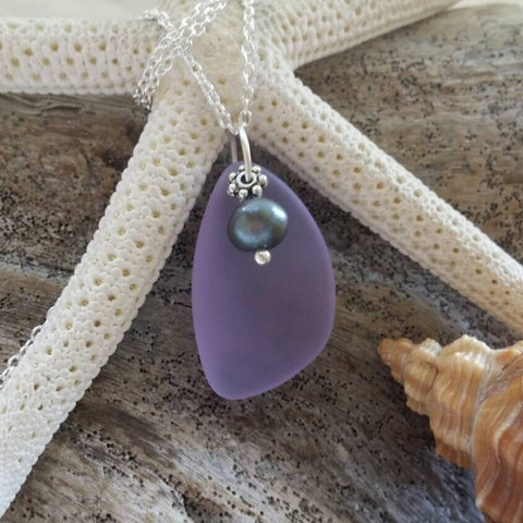Handmade in Hawaii, Purple sea glass necklace, Fresh water purple pearl ,  gift box, Gift for her.