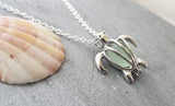 Handmade in Hawaii, Hawaiian Green Sea turtle wish locket with a natural piece of sea glass necklace, gift wrapped, customizable message