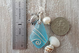Handmade in Hawaii, Wire wrapped blue sea glass necklace,  Fresh water pearl, Turtle charm,   Gift for her.