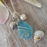 Handmade in Hawaii, Wire wrapped blue sea glass necklace,  Fresh water pearl, Turtle charm,   Gift for her.