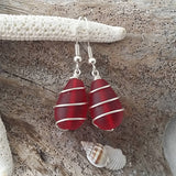 Hawaiian Jewelry Sea Glass Earrings, Wire Ruby Earrings Red Earrings, Unique Earrings Beach Jewelry Birthday Gift (July Birthstone Jewelry)