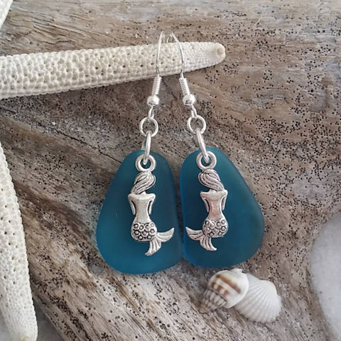 Hawaiian Jewelry Sea Glass Earrings, Twin Mermaid Earrings Teal Earrings, Beach Jewelry For Women, Unique Earrings Ocean Sea Glass Jewelry