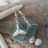 Made in Hawaii, Whale Tails blue sea glass earrings,  FREE gift wrap, FREE gift message