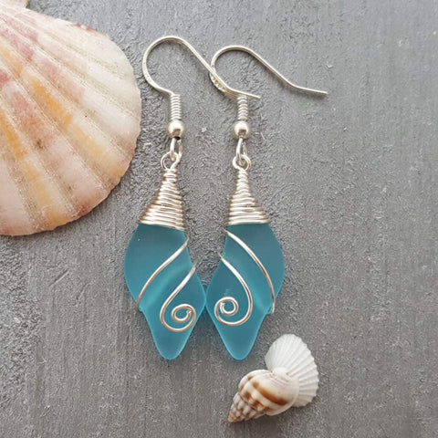 Handmade in Hawaii, Wire Wrapped "Wave Swirls" Turquoise Bay blue sea glass earrings, Beach jewelry gift