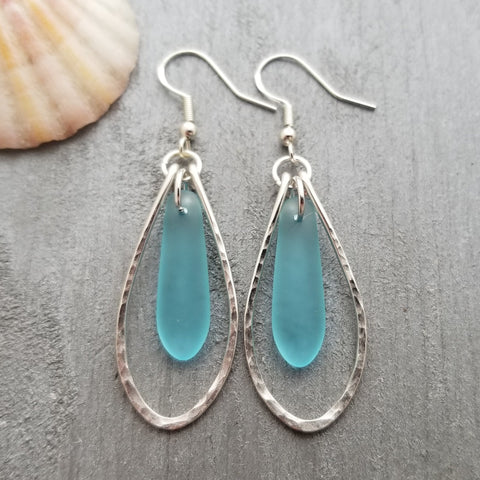 Hawaiian Jewelry Sea Glass Earrings, Hammered Wire Loop Turquoise Earrings Blue Earrings, Sea Glass Jewelry (December Birthstone Jewelry)