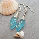 Handmade in Hawaii, Wire Wrapped "Wave Swirls" Turquoise Bay blue sea glass earrings, Beach jewelry gift