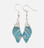 Handmade in Hawaii, Wire Wrapped "Wave Swirls" Turquoise Bay blue sea glass earrings, Beach jewelry gift