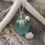 Handmade in Hawaii, Aqua sea glass beach glass necklace,Sea turtle charm, Fresh water pearl,   Hawaii jewelry gift.