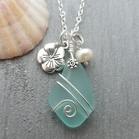 Hawaiian Jewelry Sea Glass Necklace, Wire Aquamarine Necklace Hibiscus Pearl Necklace, Beach Sea Glass Jewelry (March Birthstone Jewelry)