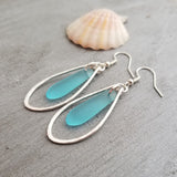 Hawaiian Jewelry Sea Glass Earrings, Hammered Wire Loop Turquoise Earrings Blue Earrings, Sea Glass Jewelry (December Birthstone Jewelry)