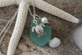 Handmade in Hawaii, Aqua sea glass beach glass necklace,Sea turtle charm, Fresh water pearl,   Hawaii jewelry gift.