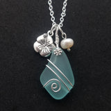 Hawaiian Jewelry Sea Glass Necklace, Wire Aquamarine Necklace Hibiscus Pearl Necklace, Beach Sea Glass Jewelry (March Birthstone Jewelry)