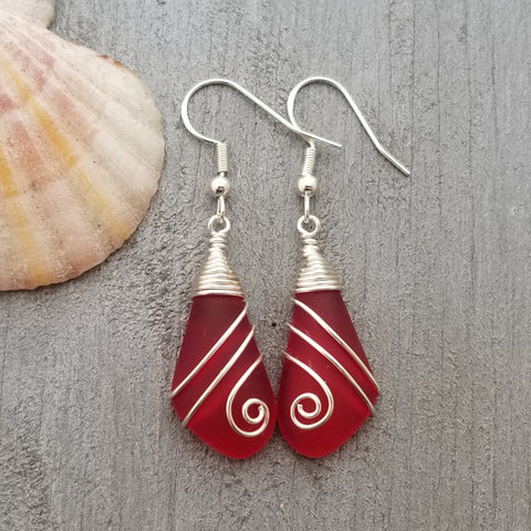 Hawaiian Jewelry Sea Glass Earrings, Wire Red Earrings, Sea Glass Jewelry Beach Jewelry, Birthday Gift For Women(January Birthstone Jewelry)