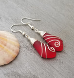 Hawaiian Jewelry Sea Glass Earrings, Wire Red Earrings, Sea Glass Jewelry Beach Jewelry, Birthday Gift For Women(January Birthstone Jewelry)