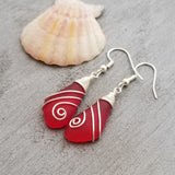 Hawaiian Jewelry Sea Glass Earrings, Wire Red Earrings, Sea Glass Jewelry Beach Jewelry, Birthday Gift For Women(January Birthstone Jewelry)