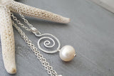 Handmade in Hawaii, Hammered Swirl Wire Natural Pearl necklace, "June Birthstone",   FREE gift wrap