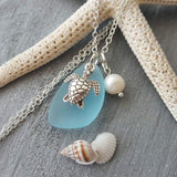 Hawaiian Jewelry Sea Glass Necklace, Turtle Necklace Turquoise Blue Necklace, Beach Sea Glass Jewelry Birthday Gift (December Birthstone)
