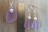 Handmade in Hawaii, "Magical Color Changing" Purple sea glass necklace + earrings jewelry set, natural pearl.