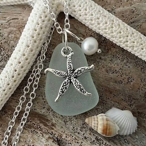 Hawaiian Jewelry Sea Glass Necklace, Seafoam Necklace, Pearl Starfish Necklace, Beach Jewelry Handmade Necklace Sea Glass Jewelry For Women