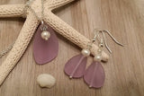 Handmade in Hawaii, "Magical Color Changing" Purple sea glass necklace + earrings jewelry set, natural pearl.