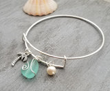 Hawaiian Jewelry Sea Glass Bracelet, Aquamarine Bracelet Palm Tree Pearl Beach Bracelet, Sea Glass Jewelry Birthday Gift (March Birthstone)