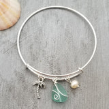 Hawaiian Jewelry Sea Glass Bracelet, Aquamarine Bracelet Palm Tree Pearl Beach Bracelet, Sea Glass Jewelry Birthday Gift (March Birthstone)