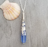 Hawaiian Jewelry Sea Glass Necklace, Light Cobalt Blue Necklace Long Teardrop Necklace, Beach Jewelry Birthday Gifts (September Birthstone)