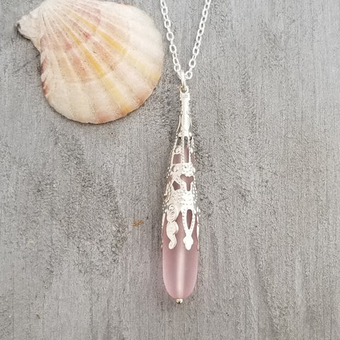 Hawaiian Jewelry Sea Glass Necklace, Pink Necklace, Long Teardrop Necklace, Birthday Gift  For Women (October Birthstone Jewelry)