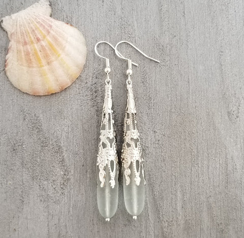 Hawaiian Jewelry Sea Glass Earrings, Seafoam Earrings Long Teardrop Earrings, Sea Glass Jewelry For Women Beach Jewelry Handmade Earrings