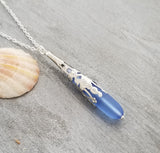Hawaiian Jewelry Sea Glass Necklace, Light Cobalt Blue Necklace Long Teardrop Necklace, Beach Jewelry Birthday Gifts (September Birthstone)